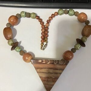 Artisan Wooden Necklace with Green and Brown Beads